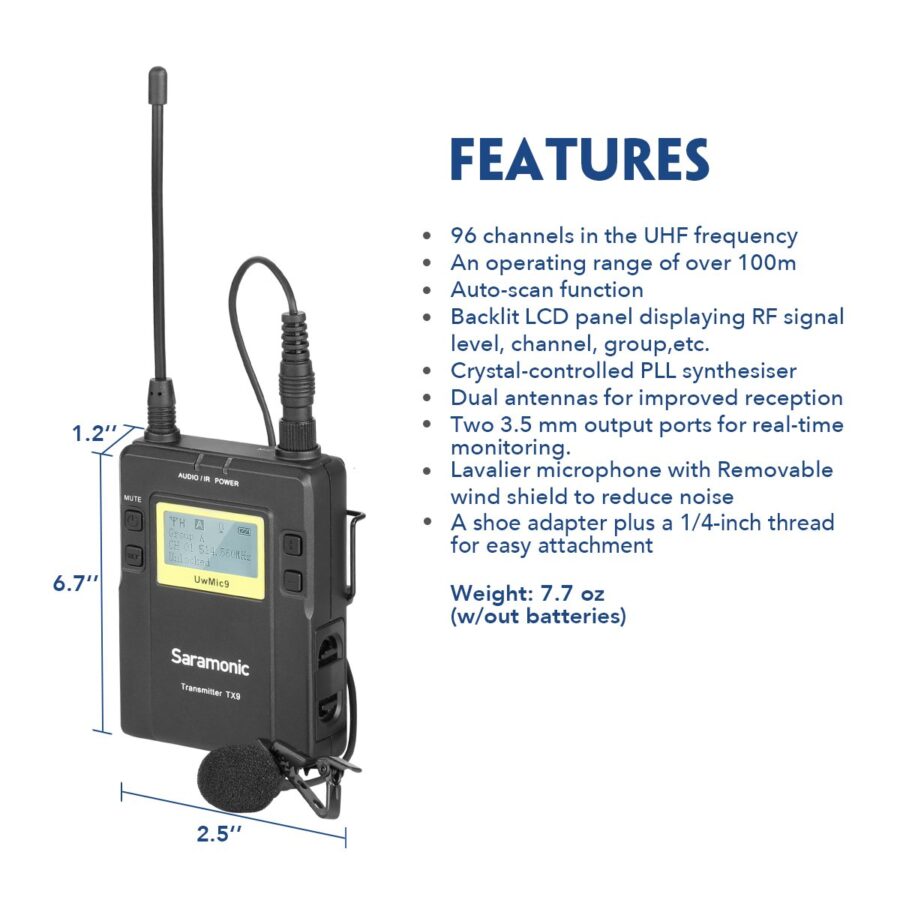 Saramonic UwMic9 Kit 1 Camera-Mount Wireless Omni Lavalier Microphone System (514 to 596 MHz) - Image 5