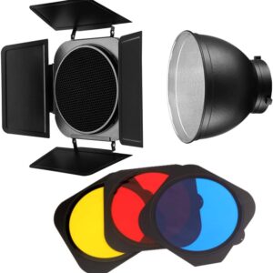 Barn Door Barndoor with Honeycomb Grid and 4 Color Gel Filters (Red Yellow Blue Green) for 7 Inch Standard Reflector