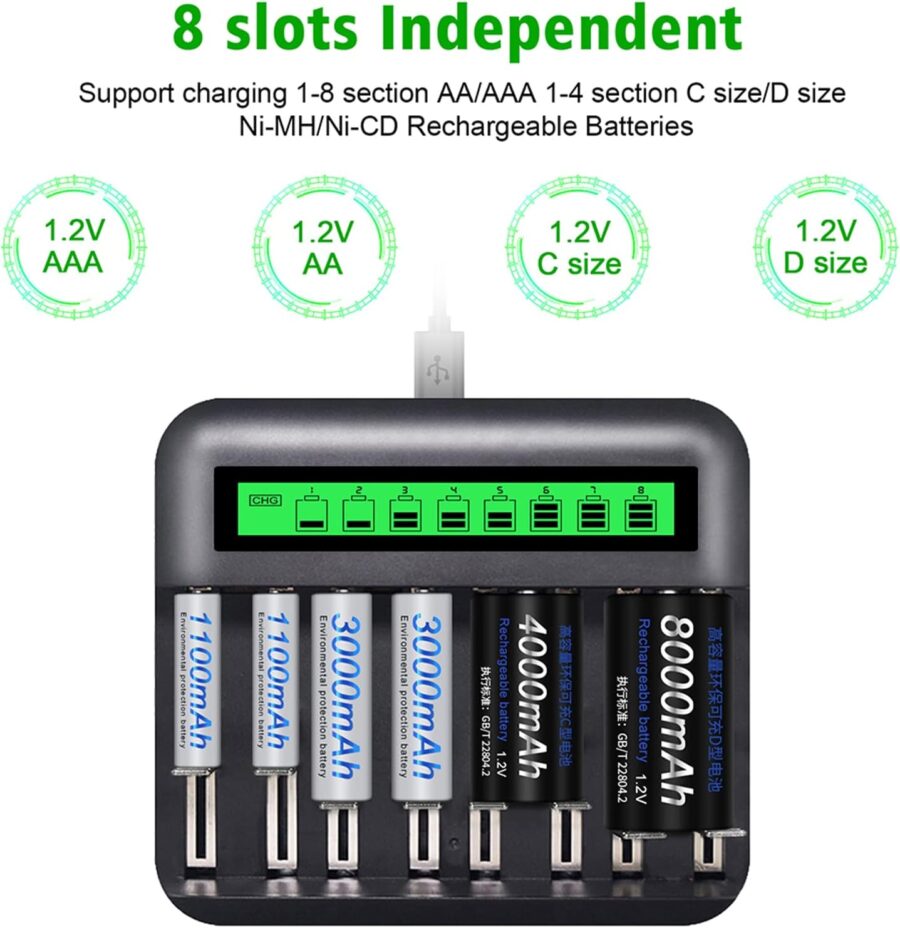 8 Slots Smart LCD Universal Battery Charger with Micro USB and Type C Charger Port
