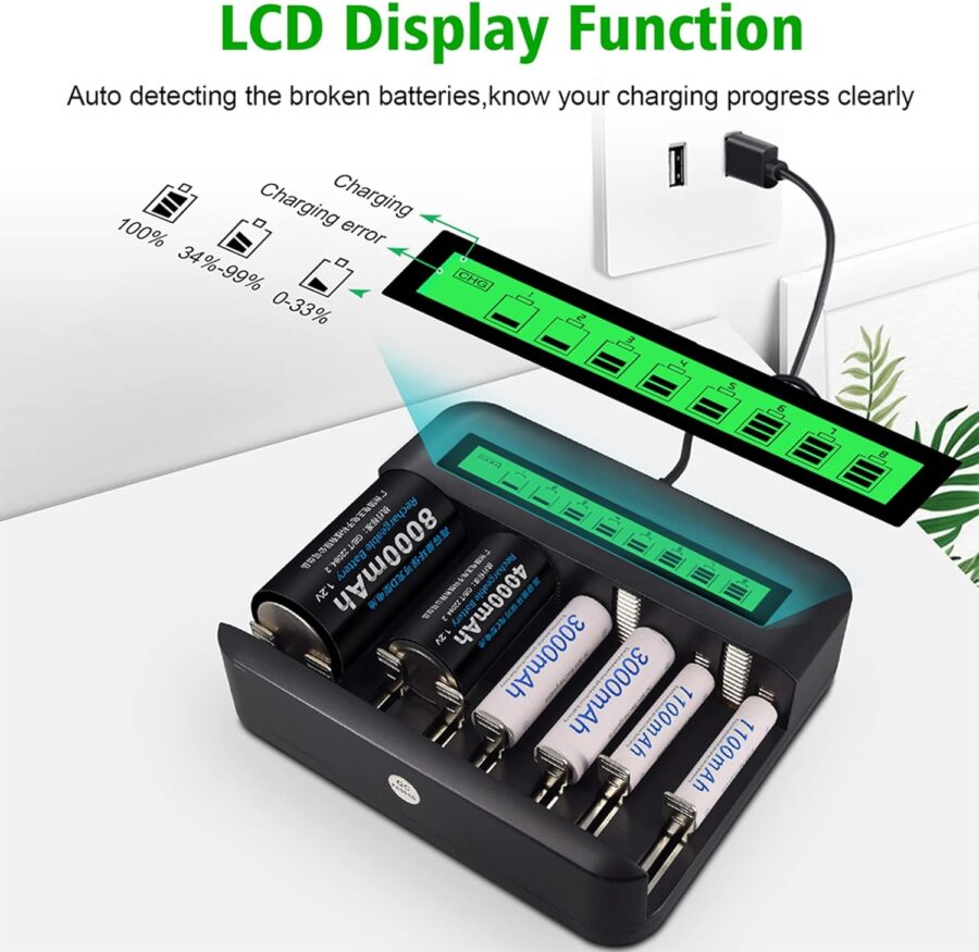 8 Slots Smart LCD Universal Battery Charger with Micro USB and Type C Charger Port