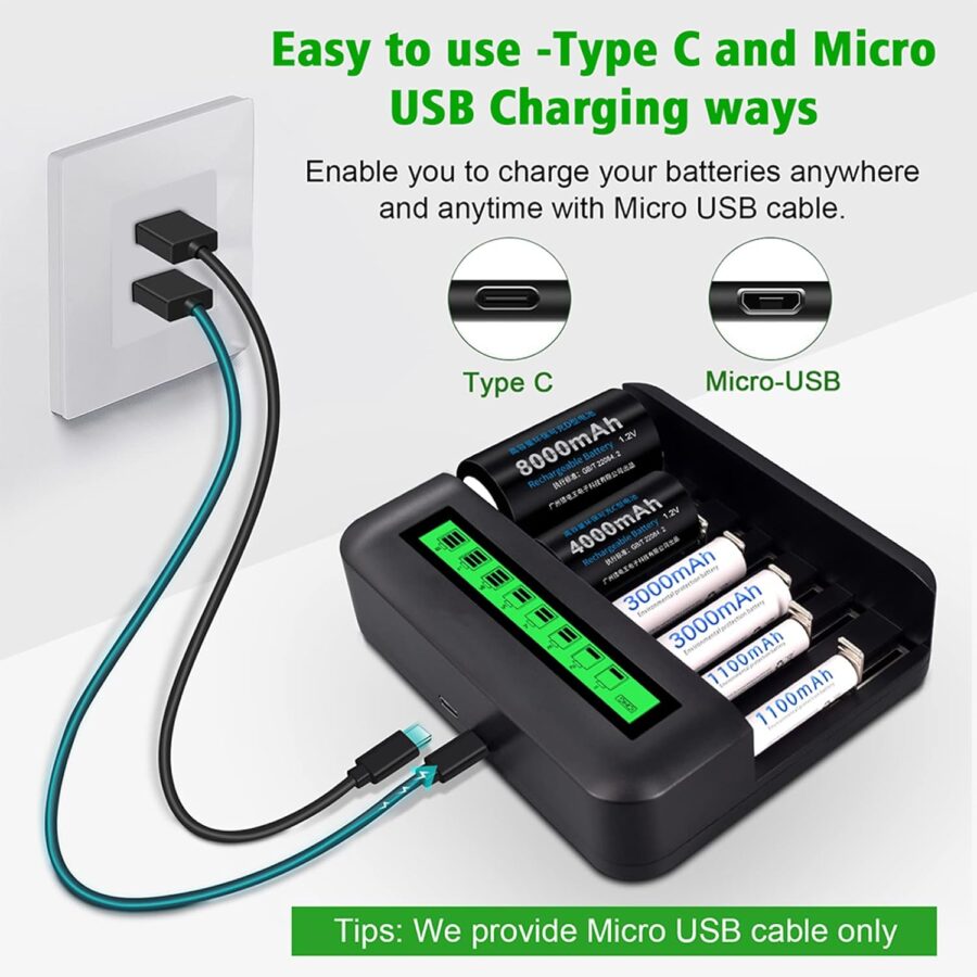 8 Slots Smart LCD Universal Battery Charger with Micro USB and Type C Charger Port