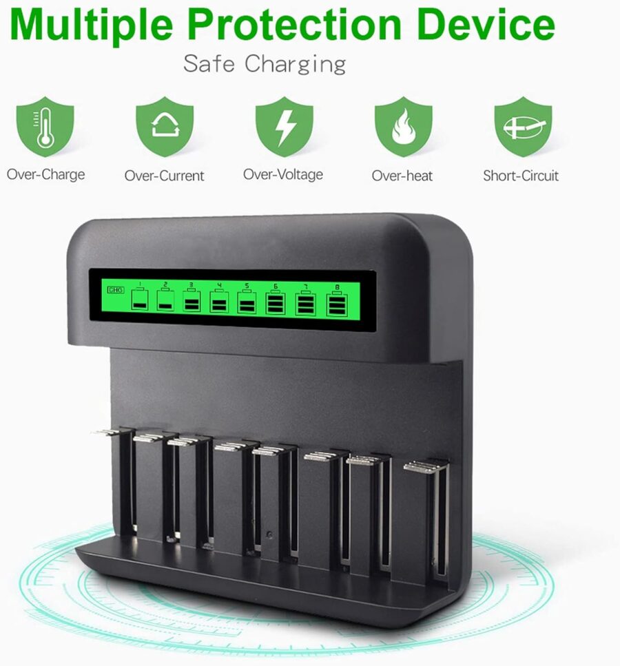 8 Slots Smart LCD Universal Battery Charger with Micro USB and Type C Charger Port