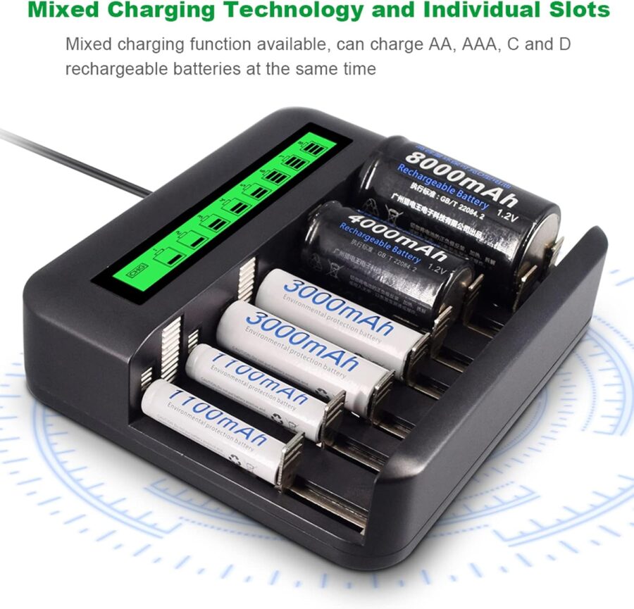 8 Slots Smart LCD Universal Battery Charger with Micro USB and Type C Charger Port
