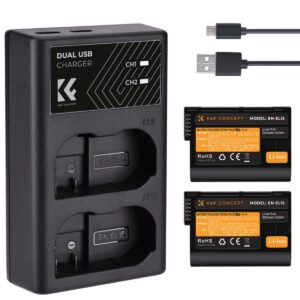 K&F Concept 2 Pack 2100mAh EN EL15 EN EL15A/B Battery and EN EL15 Dual Battery Charger Set for Nikon D7000 D7100 D7200 D7500 D850 D750 Z5 Z6 Z7