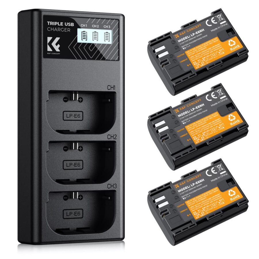 Canon LP E6 LP E6NH Battery and Canon LP E6 LP E6NH 3 Slot Charger 3 Pack Replacement Battery for Canon EOS R5 R6 EOS R 5D Mark IV 5D Mark III 5DS 5DS R 5D Mark II 6D 6D Mark II 7D 7D Mark II 2250mAh