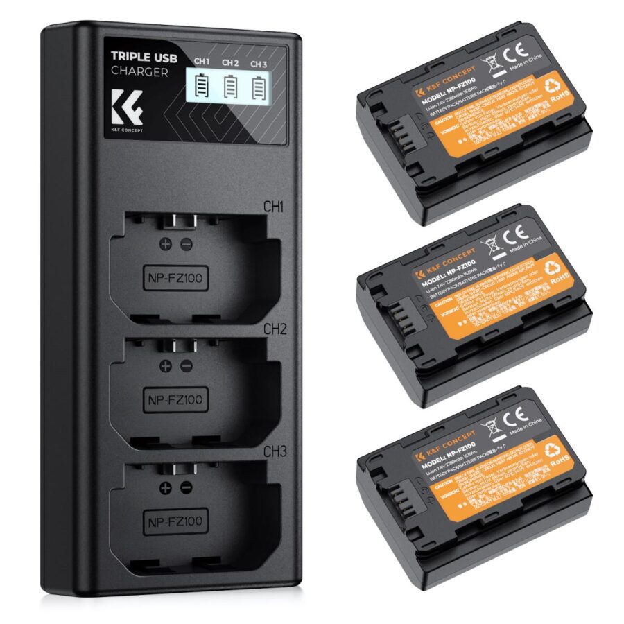 K&F Concept SONY NP FZ100 Battery and K&F Concept SONY Three Slot Charger 3 Pack Replacement Battery for Sony A7iii A7iv A7C ZV E1 FX3 FX30 A9 A6600 A6700 Alpha 9 Alpha 9S A9S A7R III A7R IV A7R V 2280mAh