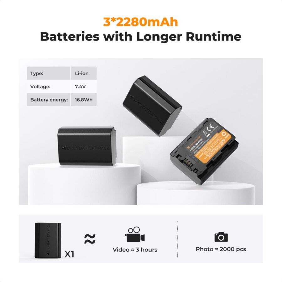K&F Concept SONY NP FZ100 Battery and K&F Concept SONY Three Slot Charger 3 Pack Replacement Battery for Sony A7iii A7iv A7C ZV E1 FX3 FX30 A9 A6600 A6700 Alpha 9 Alpha 9S A9S A7R III A7R IV A7R V 2280mAh