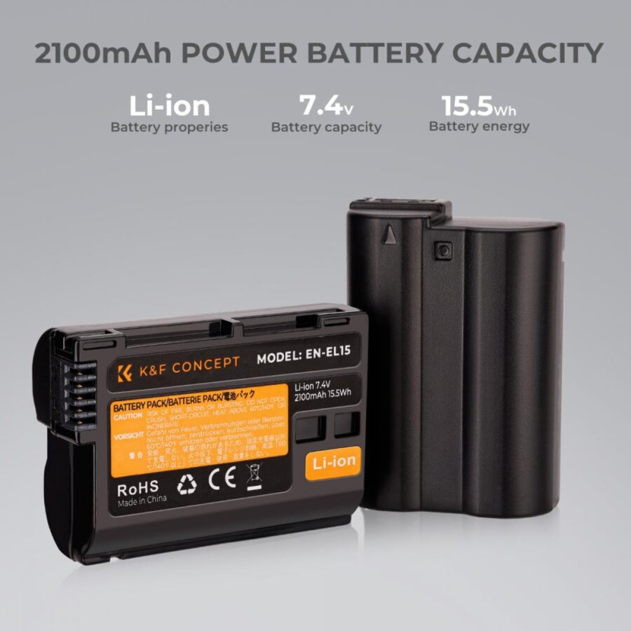 K&F Concept 2 Pack 2100mAh EN EL15 EN EL15A/B Battery and EN EL15 Dual Battery Charger Set for Nikon D7000 D7100 D7200 D7500 D850 D750 Z5 Z6 Z7