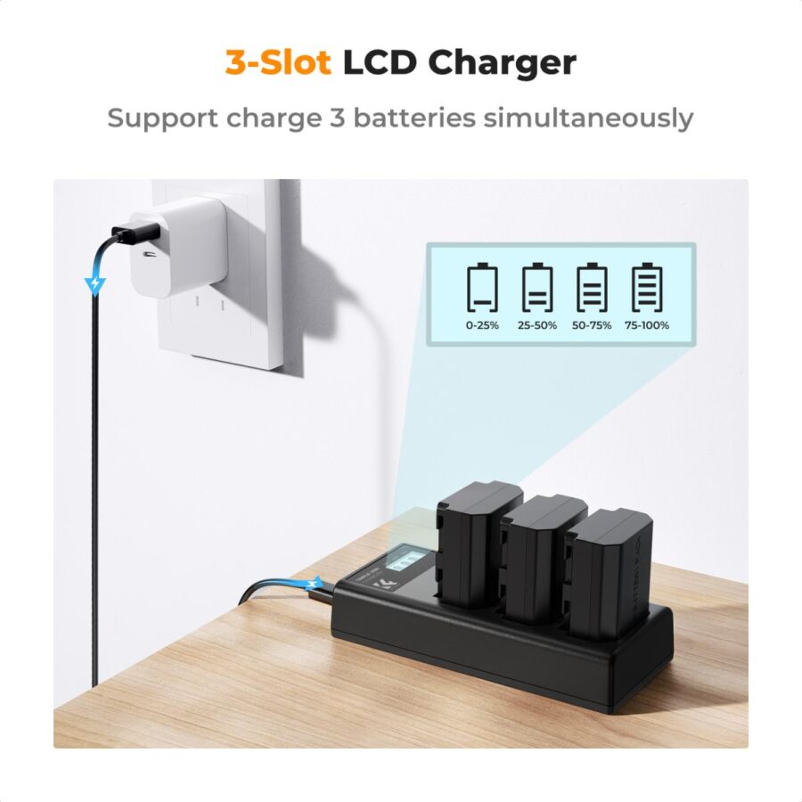K&F Concept SONY NP FZ100 Battery and K&F Concept SONY Three Slot Charger 3 Pack Replacement Battery for Sony A7iii A7iv A7C ZV E1 FX3 FX30 A9 A6600 A6700 Alpha 9 Alpha 9S A9S A7R III A7R IV A7R V 2280mAh