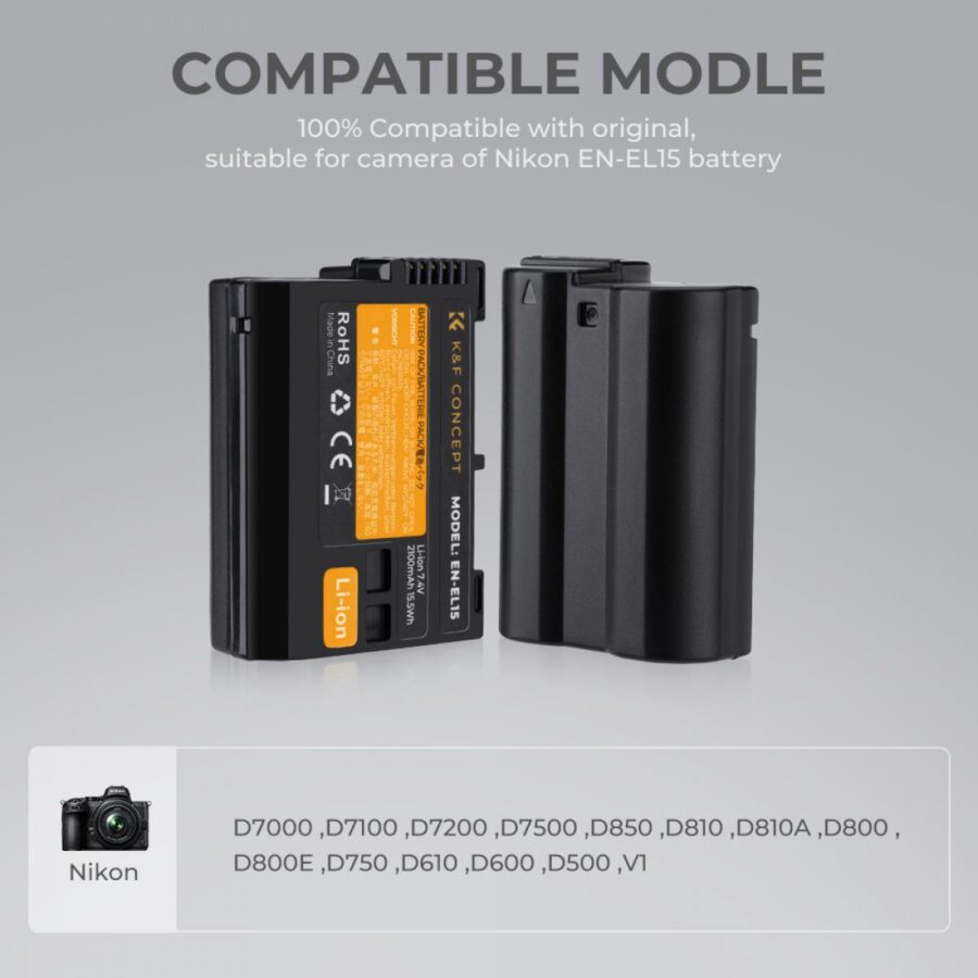 K&F Concept 2 Pack 2100mAh EN EL15 EN EL15A/B Battery and EN EL15 Dual Battery Charger Set for Nikon D7000 D7100 D7200 D7500 D850 D750 Z5 Z6 Z7