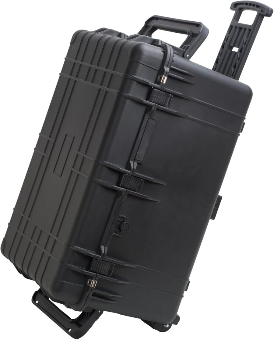 Elegant Black Waterproof Protective Case Hard Camera Case With Retractable Pull Handle And Rolling Wheels Customizable Fit Foam Inserted