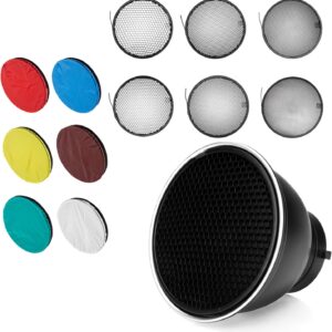 7 inch 18 cm Bowens Mount Standard Reflector Honeycomb Grid Diffuser with 6 Color Soft Light Cloth for Bowens Mount lamp (Standard Reflective + All Grid + 6 Color)
