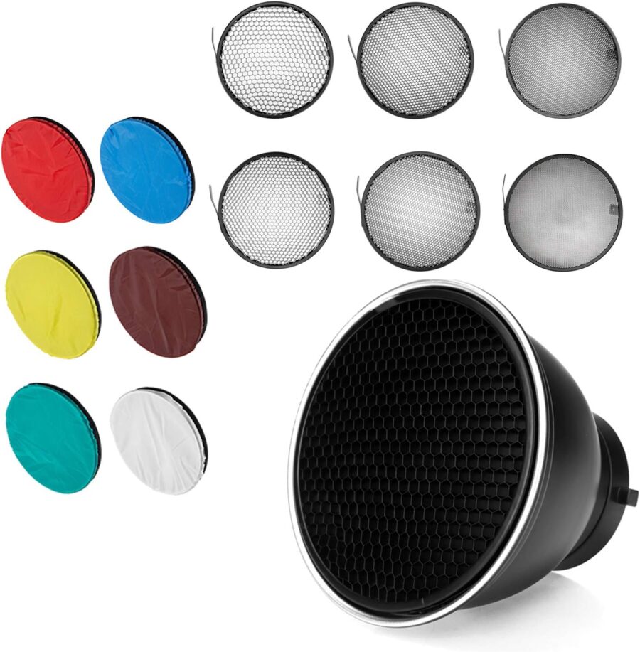 7 inch 18 cm Bowens Mount Standard Reflector Honeycomb Grid Diffuser with 6 Color Soft Light Cloth for Bowens Mount lamp (Standard Reflective + All Grid + 6 Color)