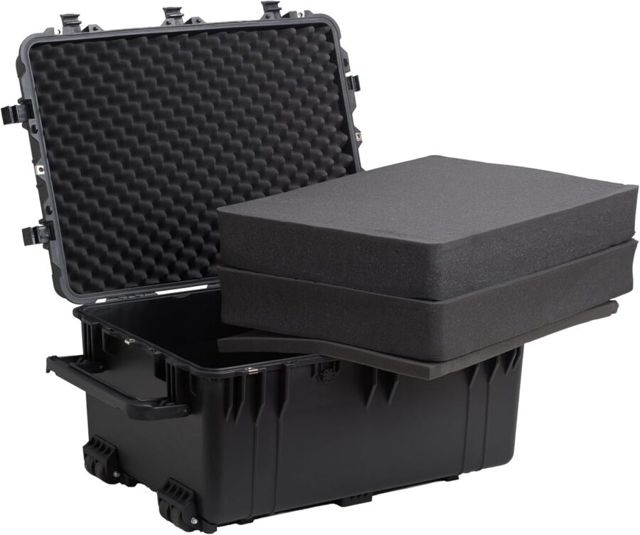 Elegant Black Waterproof Protective Case Hard Camera Case With Retractable Pull Handle And Rolling Wheels Customizable Fit Foam Inserted