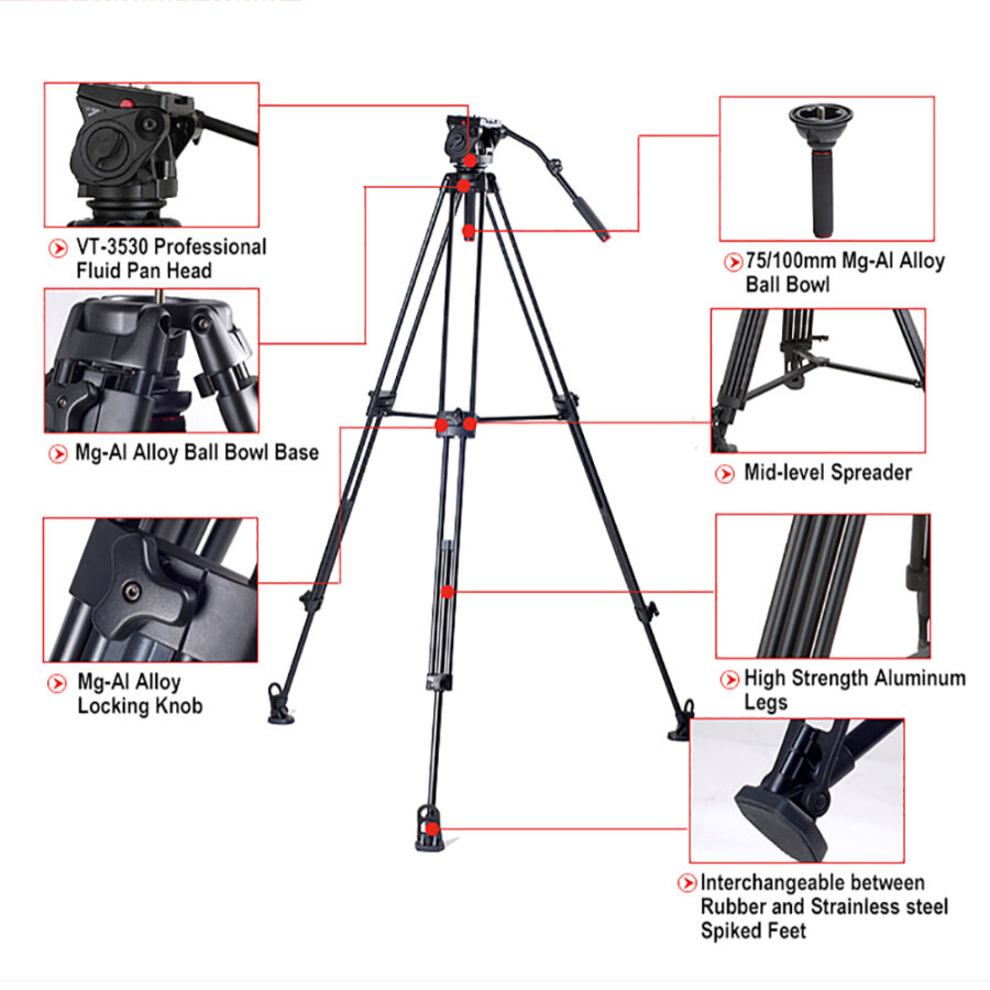 Kingjoy VT-3500 heavy-duty aluminum tripod with VT-3530 fluid head-3 section 78in 5.8kg