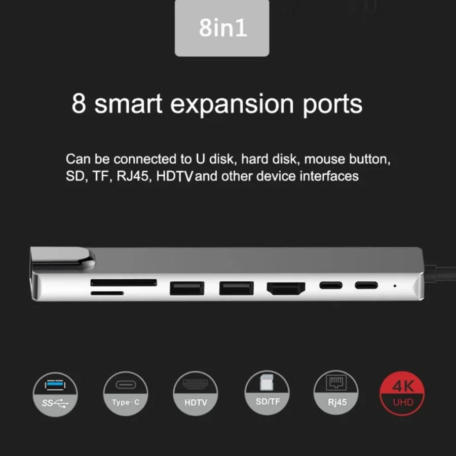 USB C Hub 8-Port USB 3.0 Hub 8-in-1 – USB-C to HDMI SD/TF Reader Ethernet 2×USB 3.0 Ports Multiport Adapter - Image 4