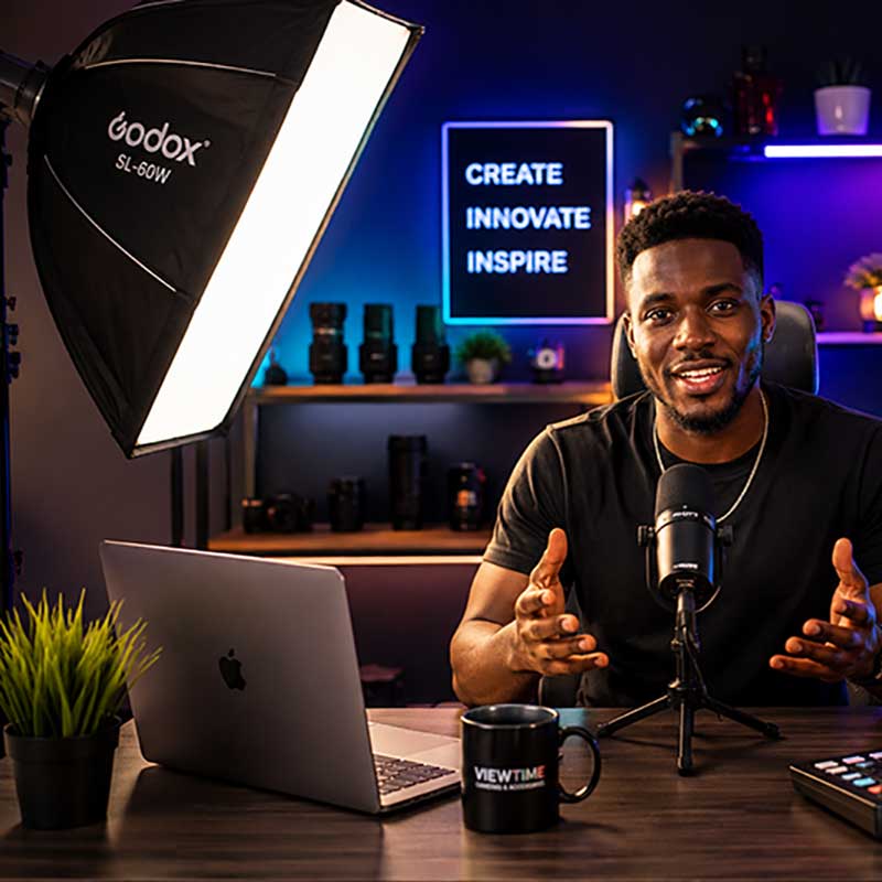 Best Lighting for Dark Skin Tones in Kenya (2026 Creator Guide) 2 Nairobi, Kenya Kenyan creator recording content using a Godox LED light with a large softbox