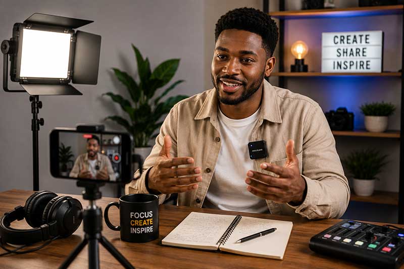 Budget Podcast Setup in Kenya: How to Start a Professional Podcast Without Breaking the Bank 2 Nairobi, Kenya Modern podcast workspace featuring a microphone, headphones, laptop, notebook, and soft LED lighting on a clean desk