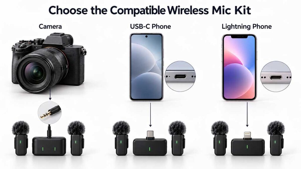 Your Video Looks Great but Sounds Bad: 7 Audio Mistakes Content Creators Make in Kenya 3 Nairobi, Kenya Camera, USB-C phone and Lightning phone connected to compatible wireless microphone kits.