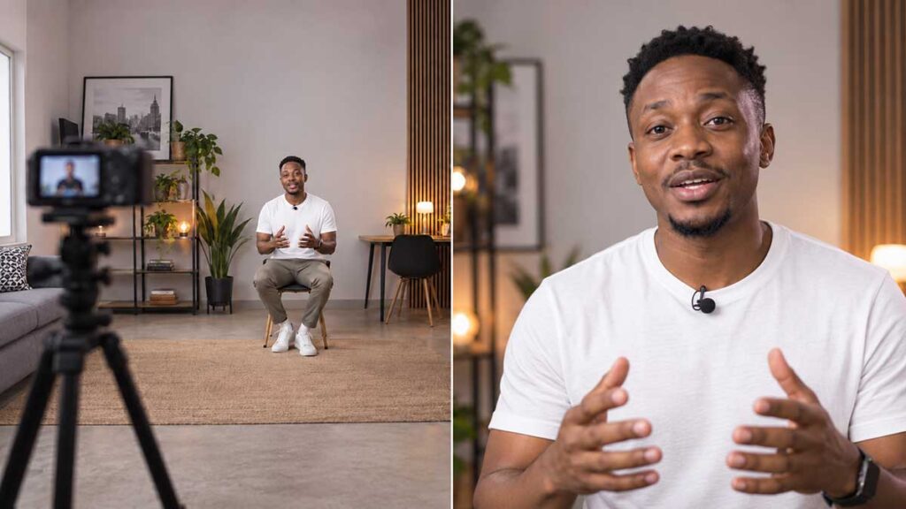 Your Video Looks Great but Sounds Bad: 7 Audio Mistakes Content Creators Make in Kenya 2 Nairobi, Kenya Camera positioned far from a presenter compared with a close-up presenter wearing a lavalier microphone.