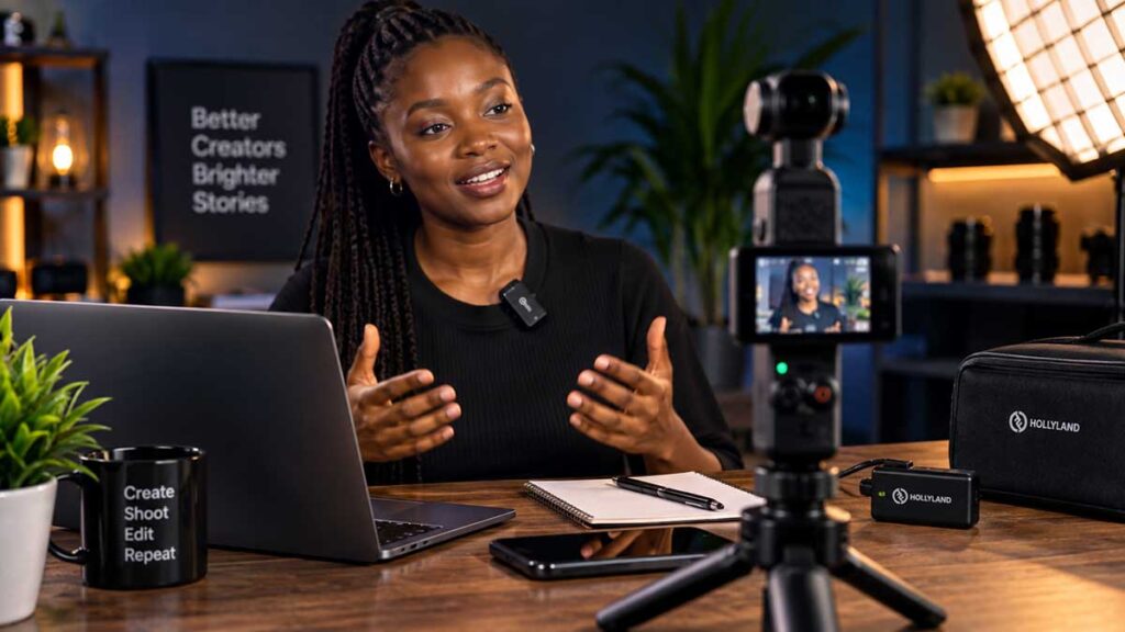 Your Video Looks Great but Sounds Bad: 7 Audio Mistakes Content Creators Make in Kenya 1 Nairobi, Kenya Content creator recording a video with a camera and wireless microphone in a professional studio setup